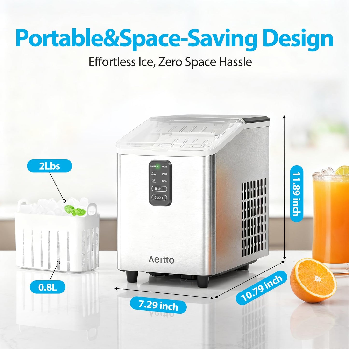 Aeitto Ice Maker Countertop 26lbs/24H, 8 Ice Cubes 2 Sizes of Bullet Ice Ice Machine Ready in 6 Mins, Portable Ice Makers with Basket & Scoop, Auto Self-Cleaning for Home/Kitchen/Office Stainless
