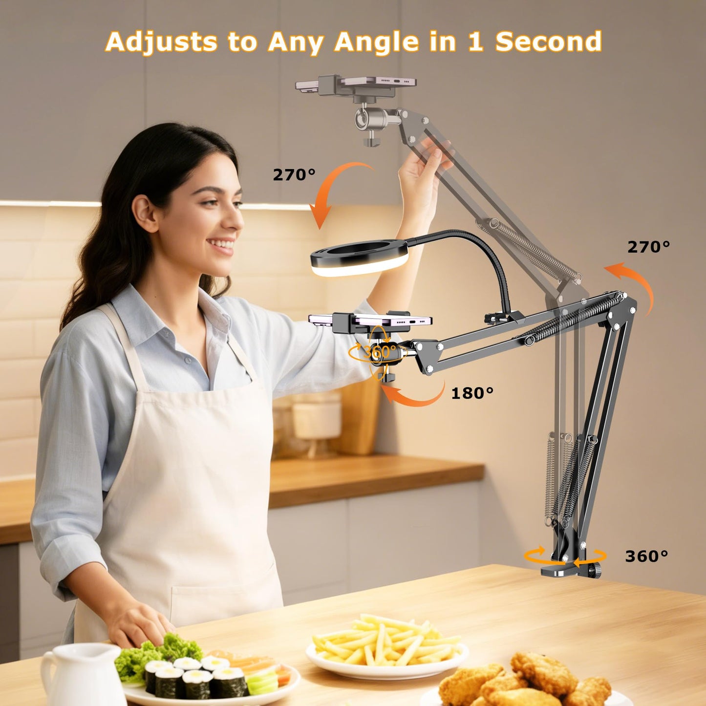 Overhead Camera Mount with Ring Light, Flexible Articulating Phone Arm Stand Compatible with iPhone, Logitech Webcam, Desk Tripod for YouTube Live Stream Cooking Nail Video Recording
