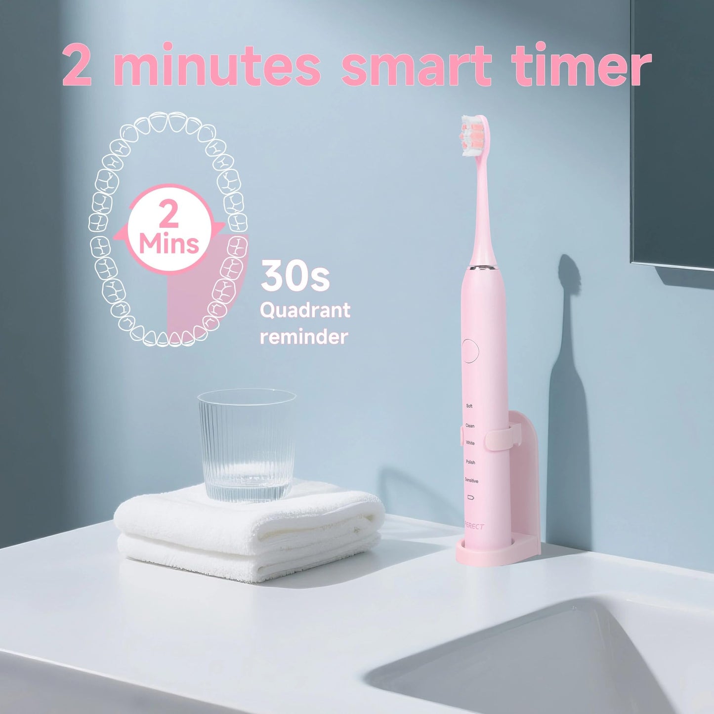 PERECT Ultrasonic Electric Toothbrush with 6 Brush Heads, 5 Modes Electric Toothbrush, Travel Rechargeable Power Toothbrush for Adults with Smart Timer &Travel Case & Soft Picks, IPX7 Waterproof, Pink