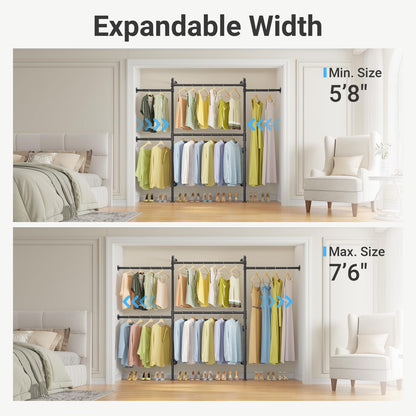 Timate P3 Wall Mounted Closet Organizer System with 5 Hanging Rods, Adjustable 5'8"–7'6", Heavy-Duty Modular Garment Rack, Space-Saving Closet Solution for Walk-in Closet, Bedroom & Small Spaces