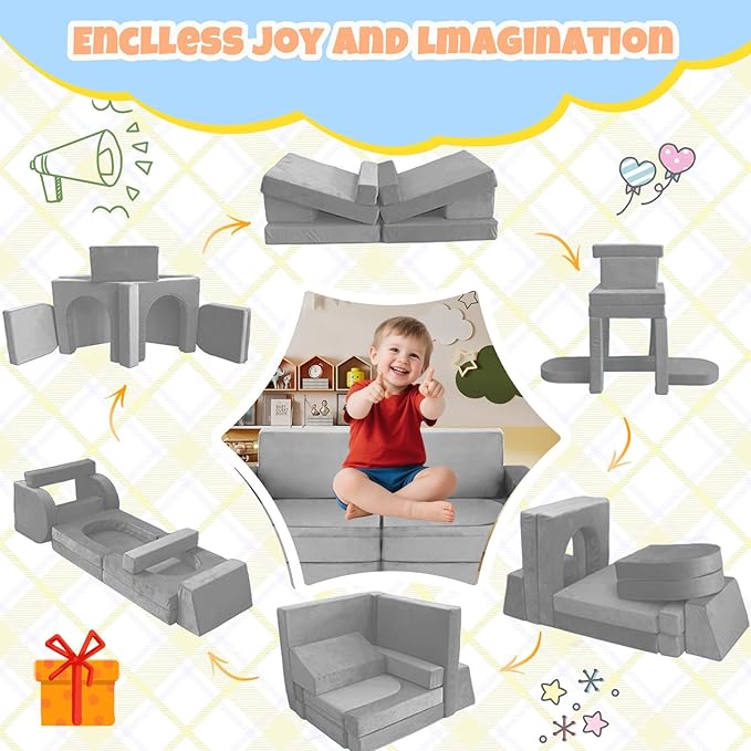 10 Pcs Modular Kids Play Sofa – Versatile Convertible Foam Cushion that Doubles