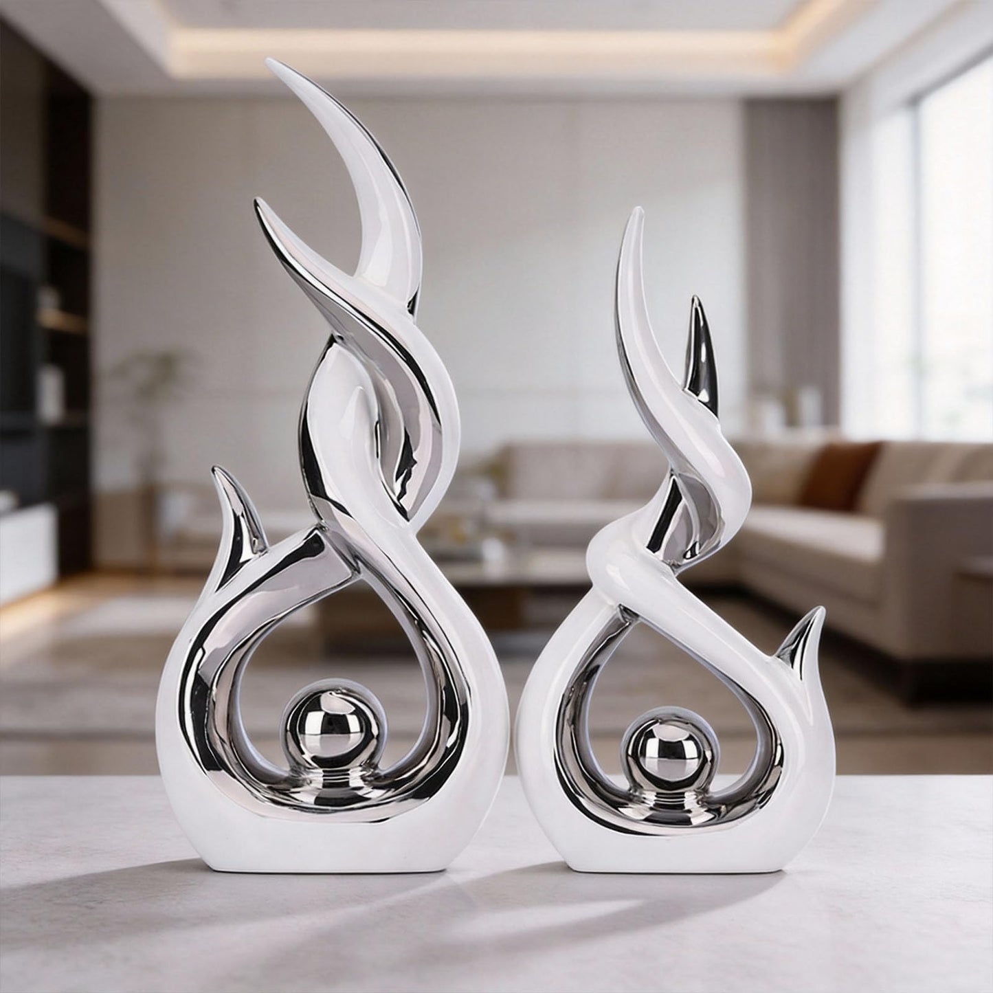 LCCCK White and Silver Abstract Ceramic Sculpture Set of 2 Modern Electroplated Figurines Decorative Statues for Living Room Shelf Mantel Tabletop Home Decor Housewarming Gift