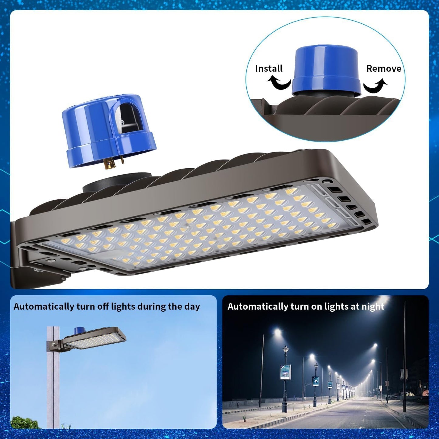 Juyace 4-Pack 240W LED Parking Lot Light with Photocell, 36,000LM 5000K Dusk to Dawn Security Flood Light, IP65 Commercial Area Light with Trunnion Bracket for Warehouse Street Yard (110-277V)