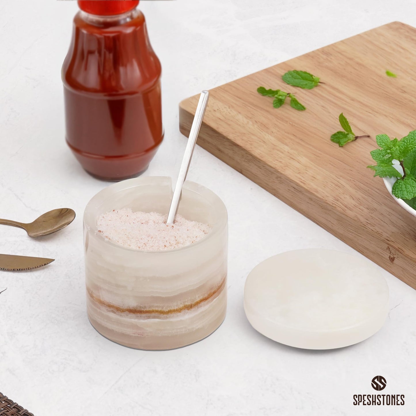 SPESHSTONES Marble Salt Cellar 3 Inch Cream Onyx Salt Containers for Countertop, Sugar Bowl With Lid, Salt Holder, Spice Jars, Salt Box for Seasoning Storage Container, Salt Dish for Kitchen Decor