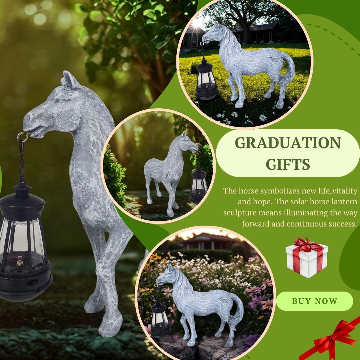 Horse Garden Statue with Solar Lantern,Garden Outdoor Horse Figurines Decor for Farmhouse Patio Yard Lawn Home Gifts for Mom Grandma Wome Housewarming Christmas Birthday