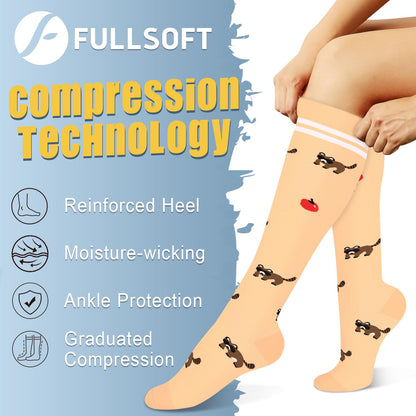 FULLSOFT 6 Pairs Compression Socks for Women and Men, 15-20 mmHg Support Knee High Socks for Nurses,Athletic,Flying(6 Pairs Animal,Large-X-Large)