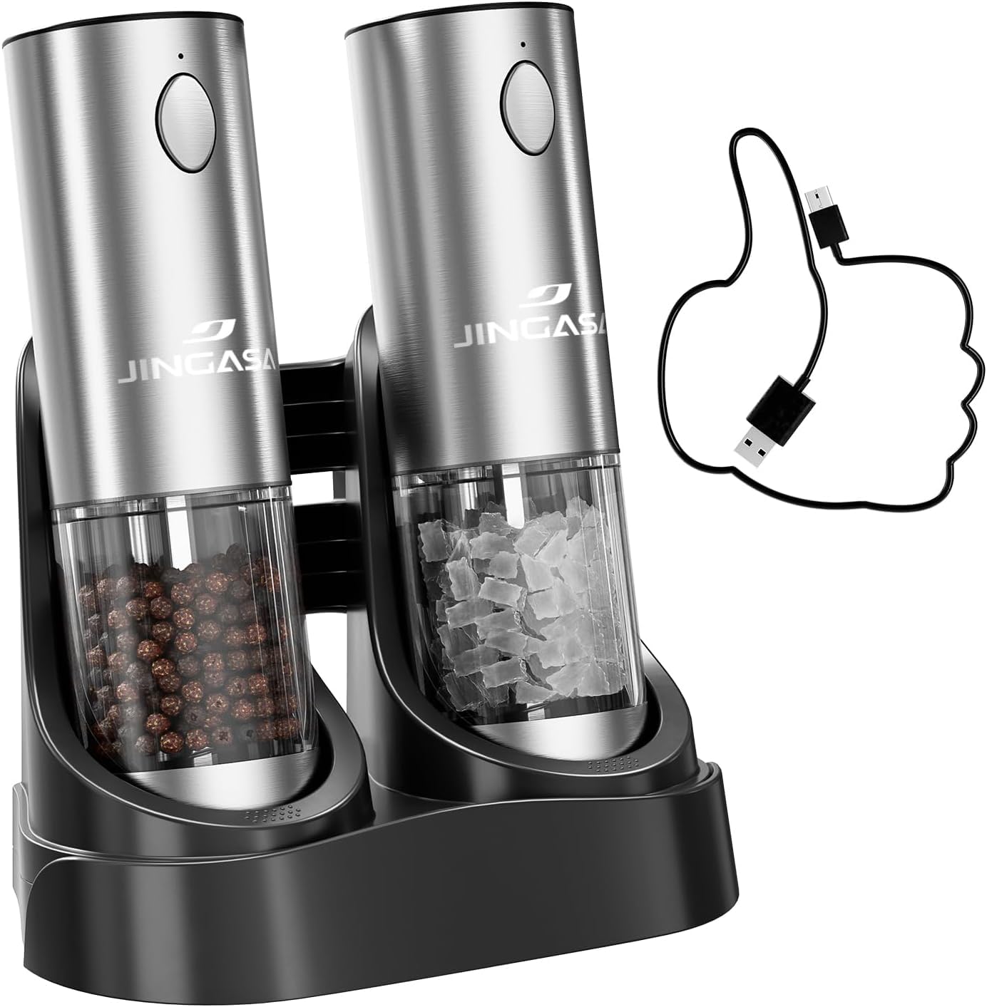 Electric Salt and Pepper Grinder Set, 95ml Large Capacity Automatic Pepper Mill with USB-C Charging Base & LED Light, Adjustable Coarseness Stainless Steel Spice Grinder 2-Piece Set