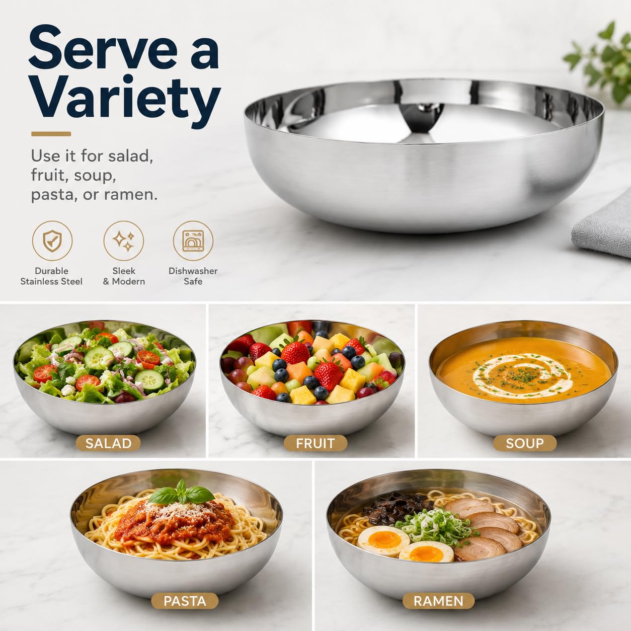 IMIKEYA Stainless Steel Serving Bowl 9.5 Inch Round Food Mixing Bowl for Salad Fruit Soup Pasta Ramen Basin Kitchen Accessory Home Decor