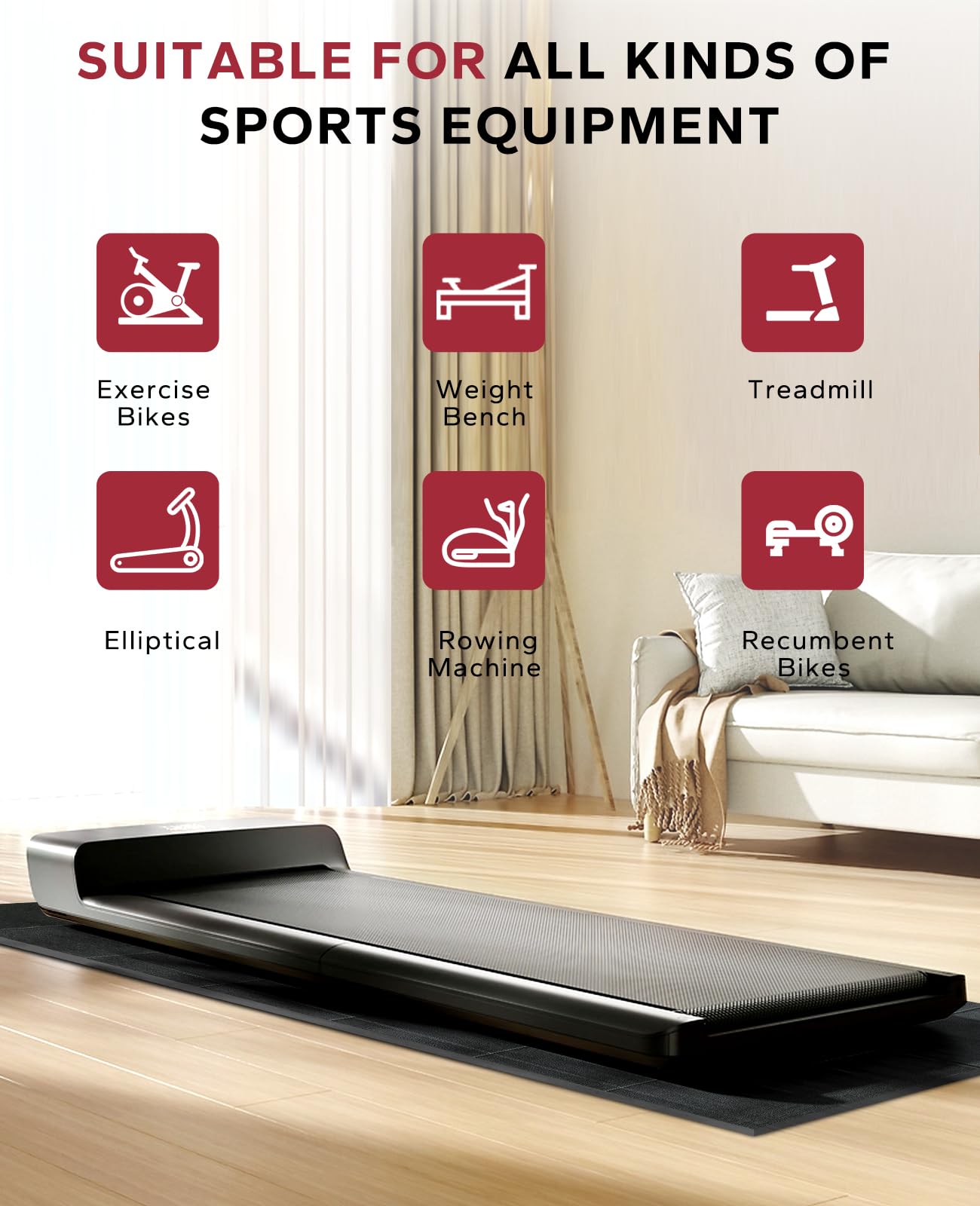 HAPBEAR Treadmill Mat, 55"x24"/68"x24"/79"x35.5" Non-Slip Foldable Exercise Equipment Mat for Walking Pad, Weight Bench, Noise Reducing Shock Absorbing Floor Protector for Home Gym, Carpet & Hardwood Floors