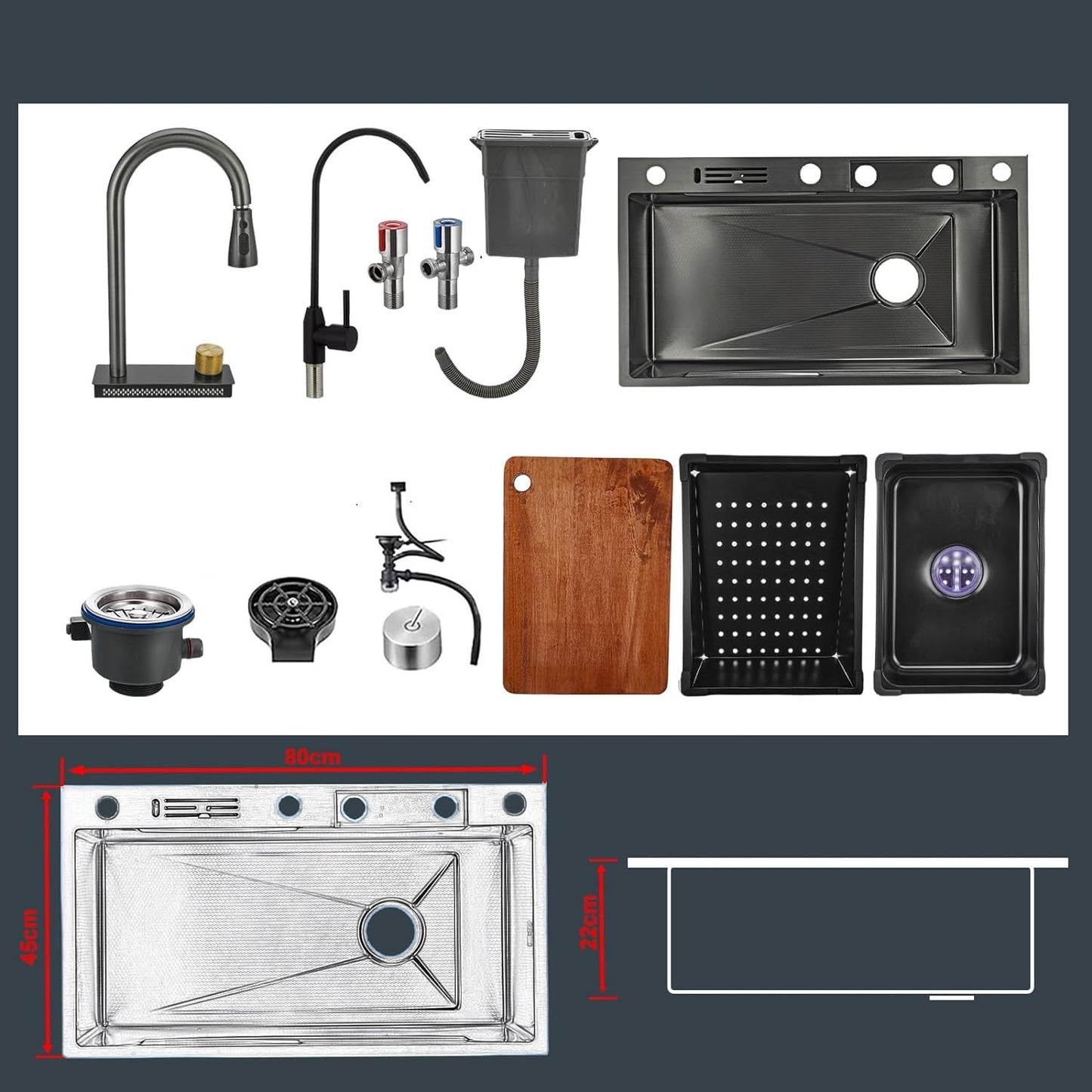 31.5x17.7 Inch Waterfall Kitchen Sink, Black Single Bowl Sinks Pull Down Sprayhead Faucet Kitchen Sink with Cup Washer