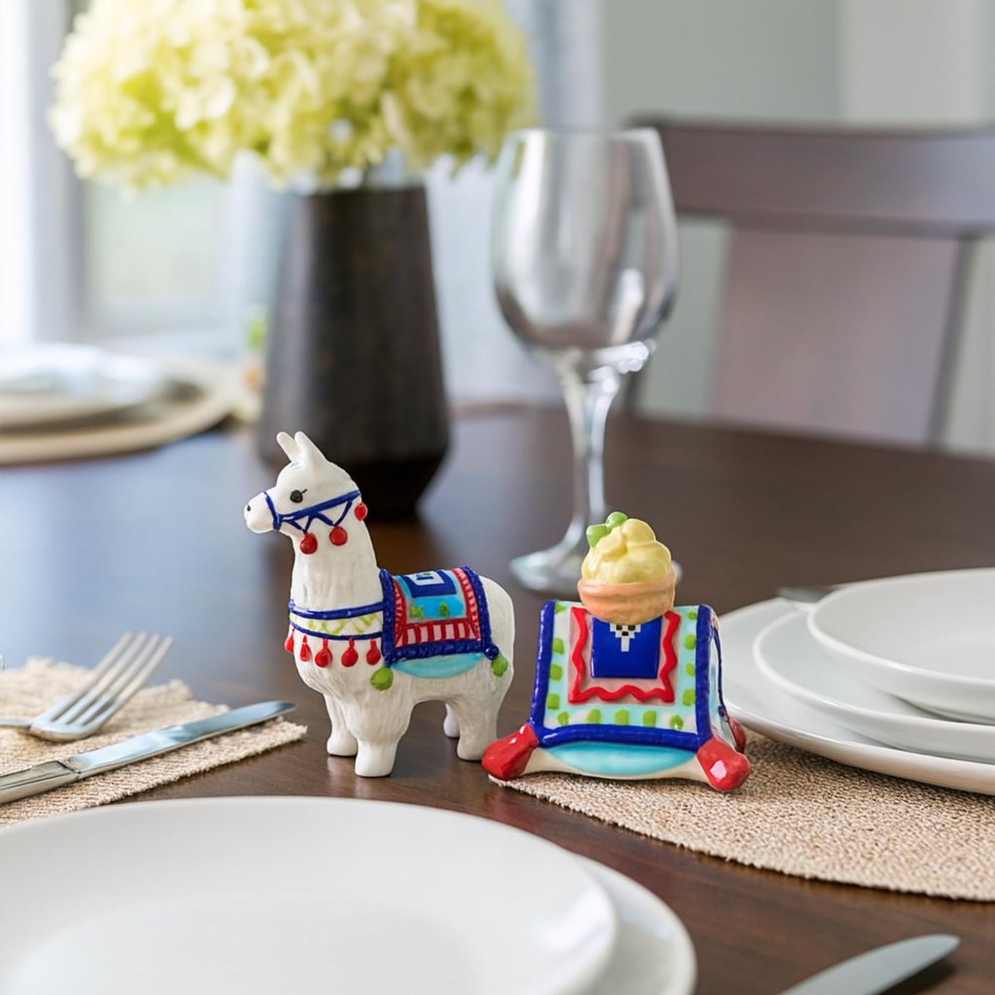 Blue Sky Ceramic Indian Woman with Feather Headdress' Indian Lemon Llama Salt & Pepper Set, Multicolor