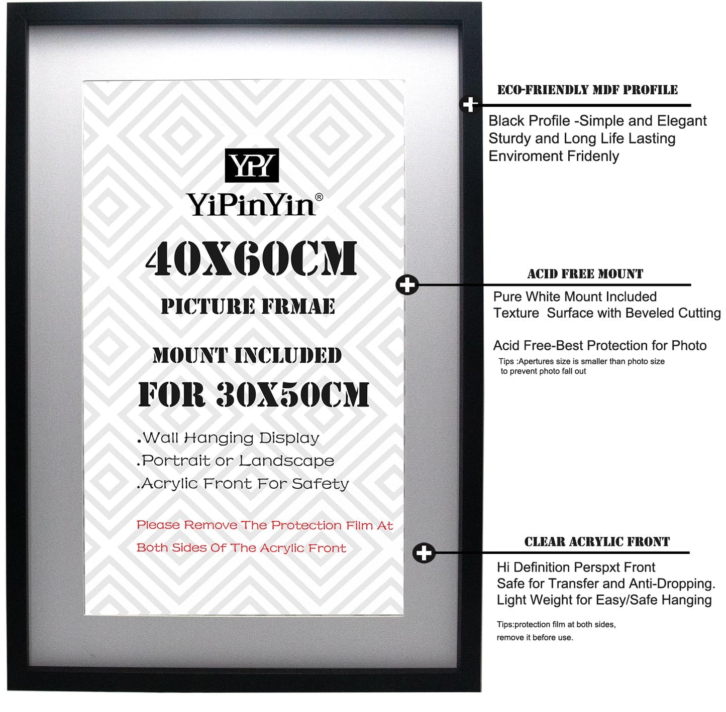 Black 40x60cm(15.7''X23.6'') Boxed Picture Frames Set of 3 with Mounts for 30x50cm, 60x40cm poster frame with Acid Free mount for 30X50 photo (Black 3Pack)