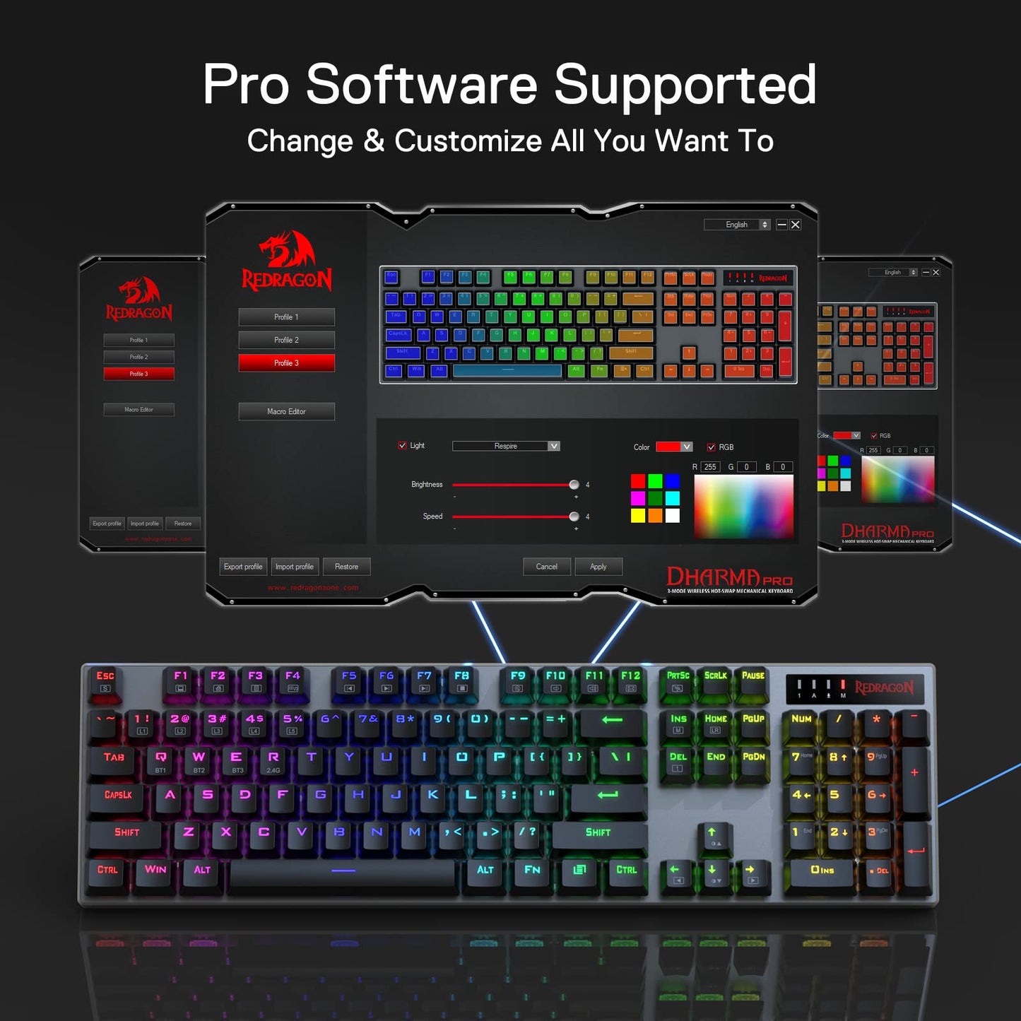 Redragon K556 PRO Upgraded Wireless RGB Gaming Keyboard, BT/2.4Ghz Tri-Mode Aluminum Mechanical Keyboard w/No-Lag Connection, Hot-Swap Linear Quiet Red Switch