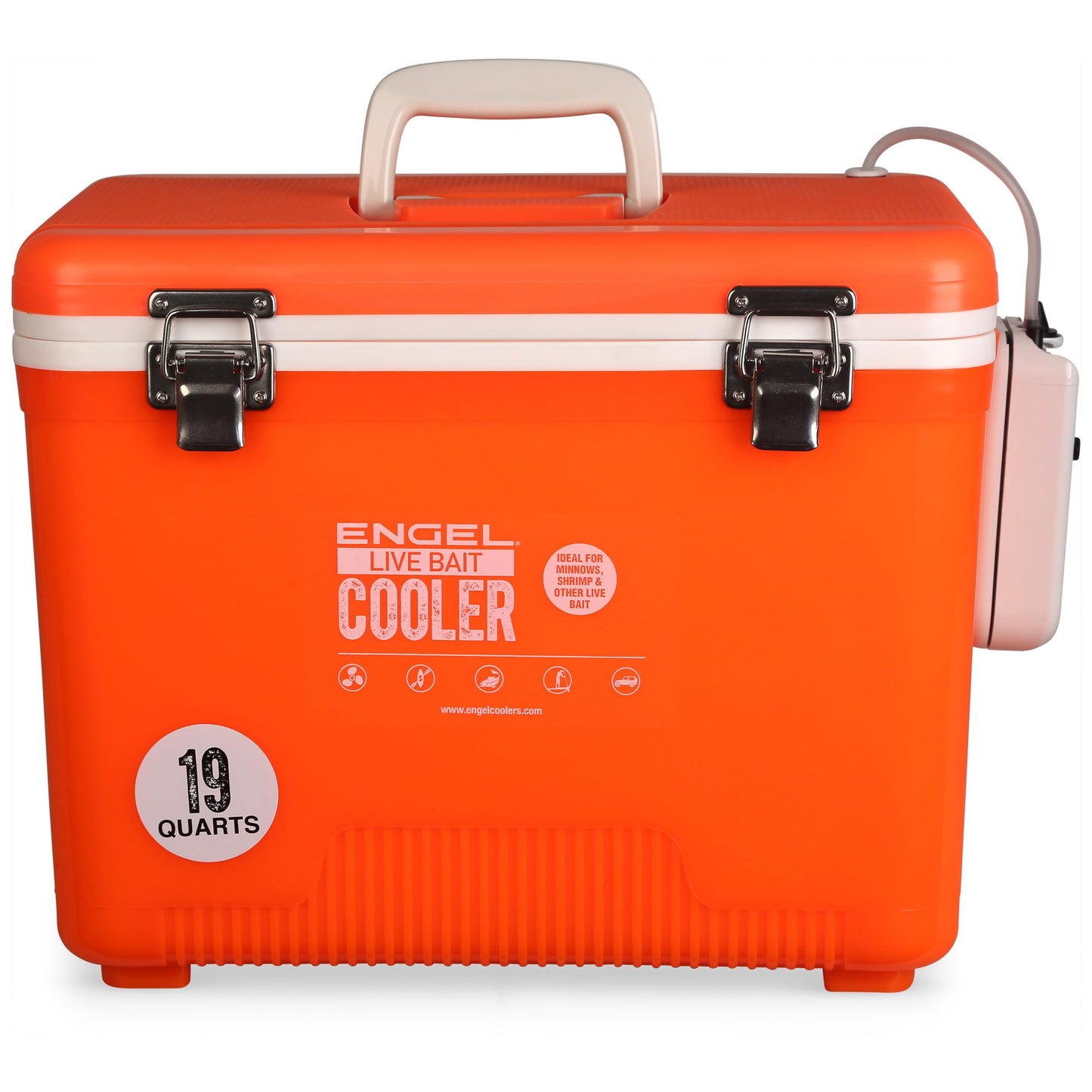 Engel 19qt Live Bait Cooler Box with 2nd Gen 2-Speed Aerator Pump - Portable Fishing Station & Minnow Bucket for Shrimp & Other Live Fish with Aerator - ENGLBC19-N-OHV in Orange High-Visibility