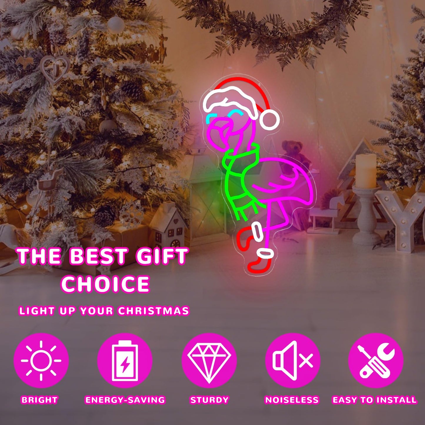 hhuohuona Christmas Flamingo Neon Sign Dimmable Pink Flamingo Christmas Led Sign Flamingos With Santa Hat & Scarf & Stockings Neon Light Tropical Coastal Wall Art Decor