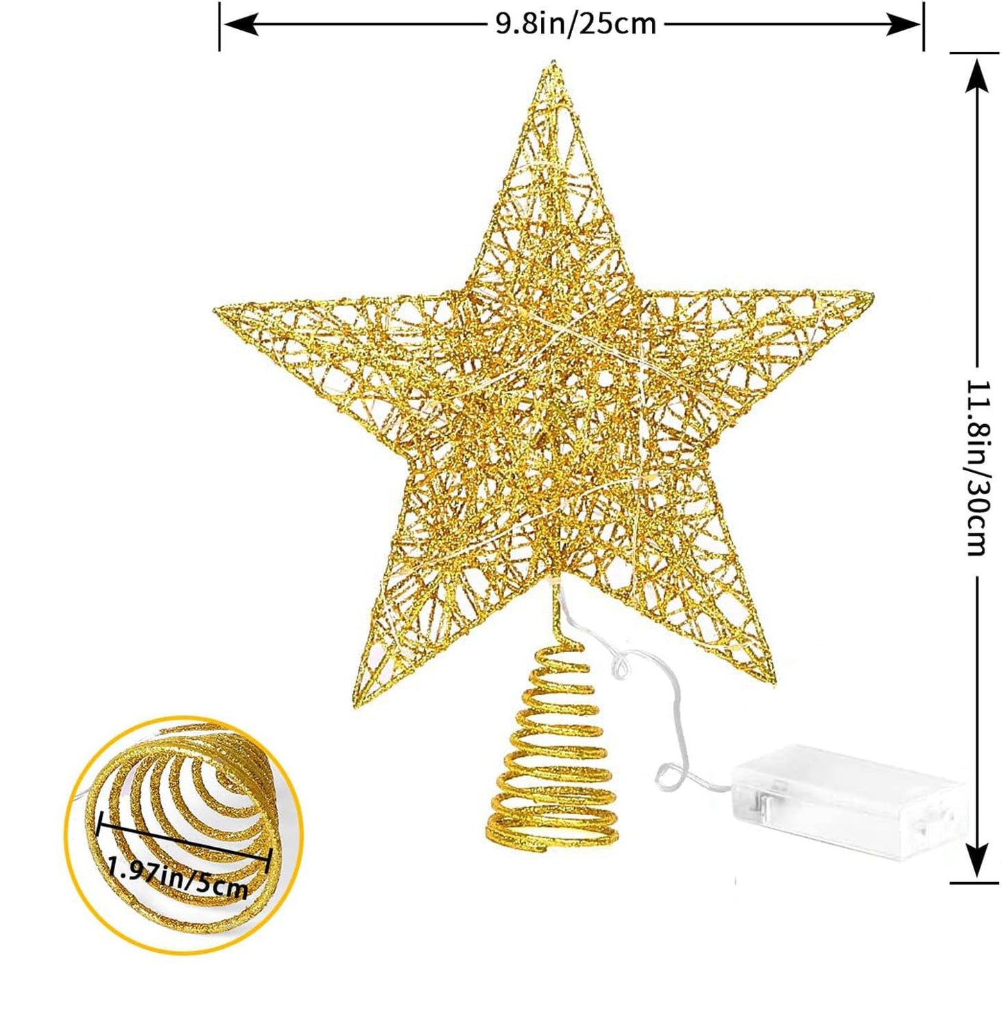 8 inch Christmas Tree Toppers Gold Glitter Star Metal Lighted with 20 LED Lights for Xmas Decorations, Holiday Party Indoor Bar Office Decor