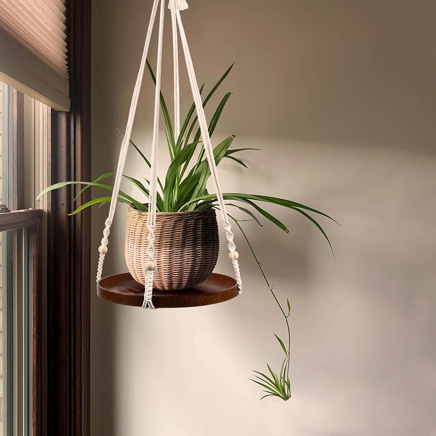 E-Know Macrame Plant Hanger - 2 Set Indoor Hanging Planter Shelf - Hanging Planter Rack Decorative Flower Pot Holder - Handmade Cotton Plant Hangers with Wood Tray Boho Home Decor