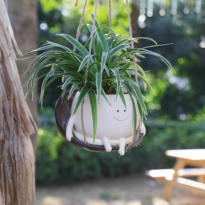 UMESONG Hanging Swing Chair Planter Pot Smiley Face Planter for Indoor Outdoor Plant Cute Head Resin Flower Pots for String of Pearls Plant Live Unique Gift IdeaI for Mother Day, Christmas (Large)