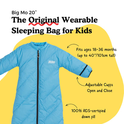 Big Mo 20 Kids Sleeping Bag (Ages 18-36mo), The Warmest 100% Down Camping Sleeping Bag for Kids Age 18-36 Months Old. (Bayberry Blue)