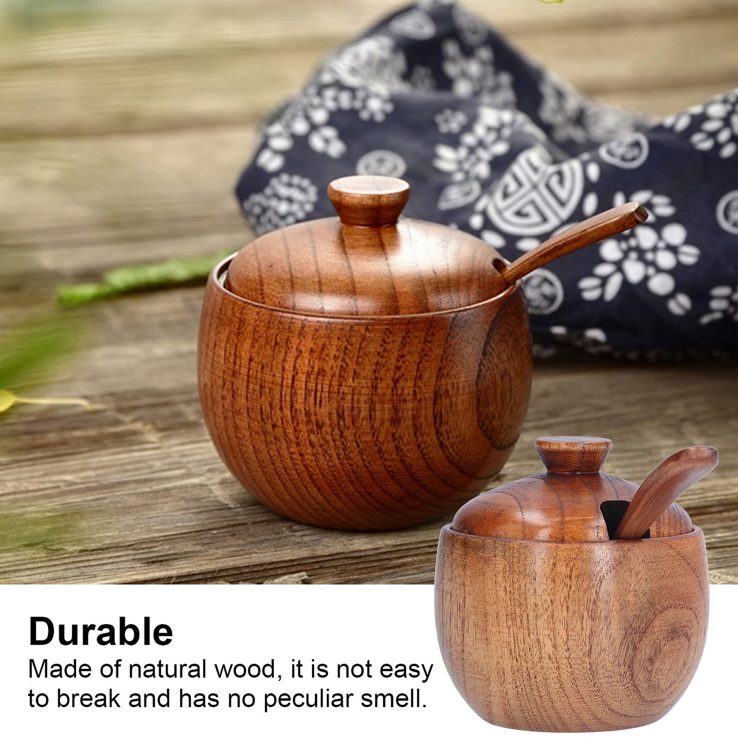 Tomotato Wood Spice Jar, Rustic Wooden Sugar Bowl with Lid and Spoon, Salt Cellar Pepper Condiment Pot Seasoning Jar Container Box for Home Kitchen Restaurant