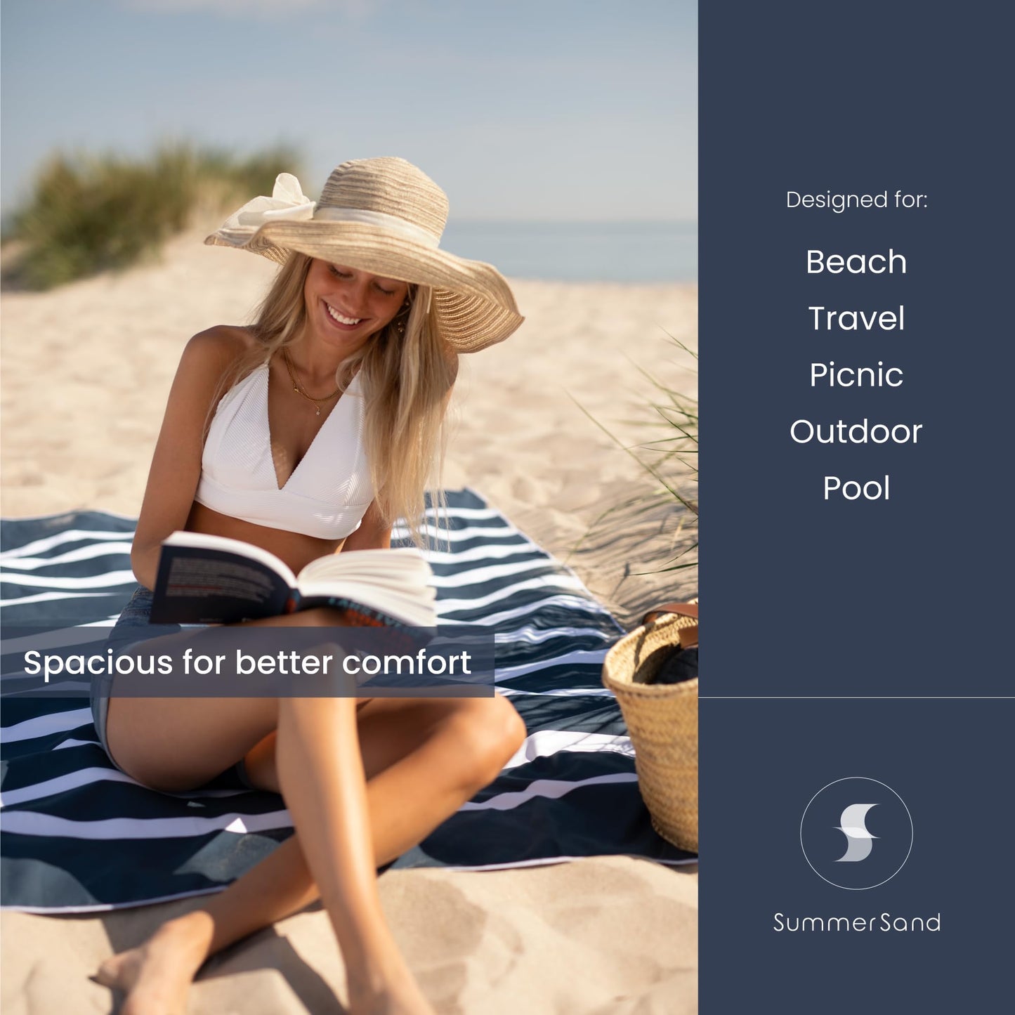 SummerSand Microfiber Beach Towel XXL Oversized (71 x 63 in) - Quick Dry, Sand Free - Compact and Lightweight for Travel - Recycled Materials - Extra Large Beach Blanket – Deep Blue