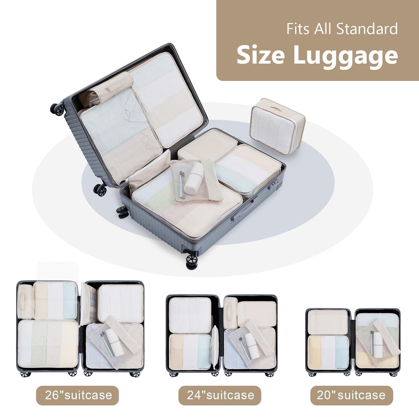 Easortm Packing Cubes for Travel - 9 Set Large Travel Cubes Luggage Organizer Bags Set With Laundry Bags/Shoe Bag/Toiletry Bag (Beige)