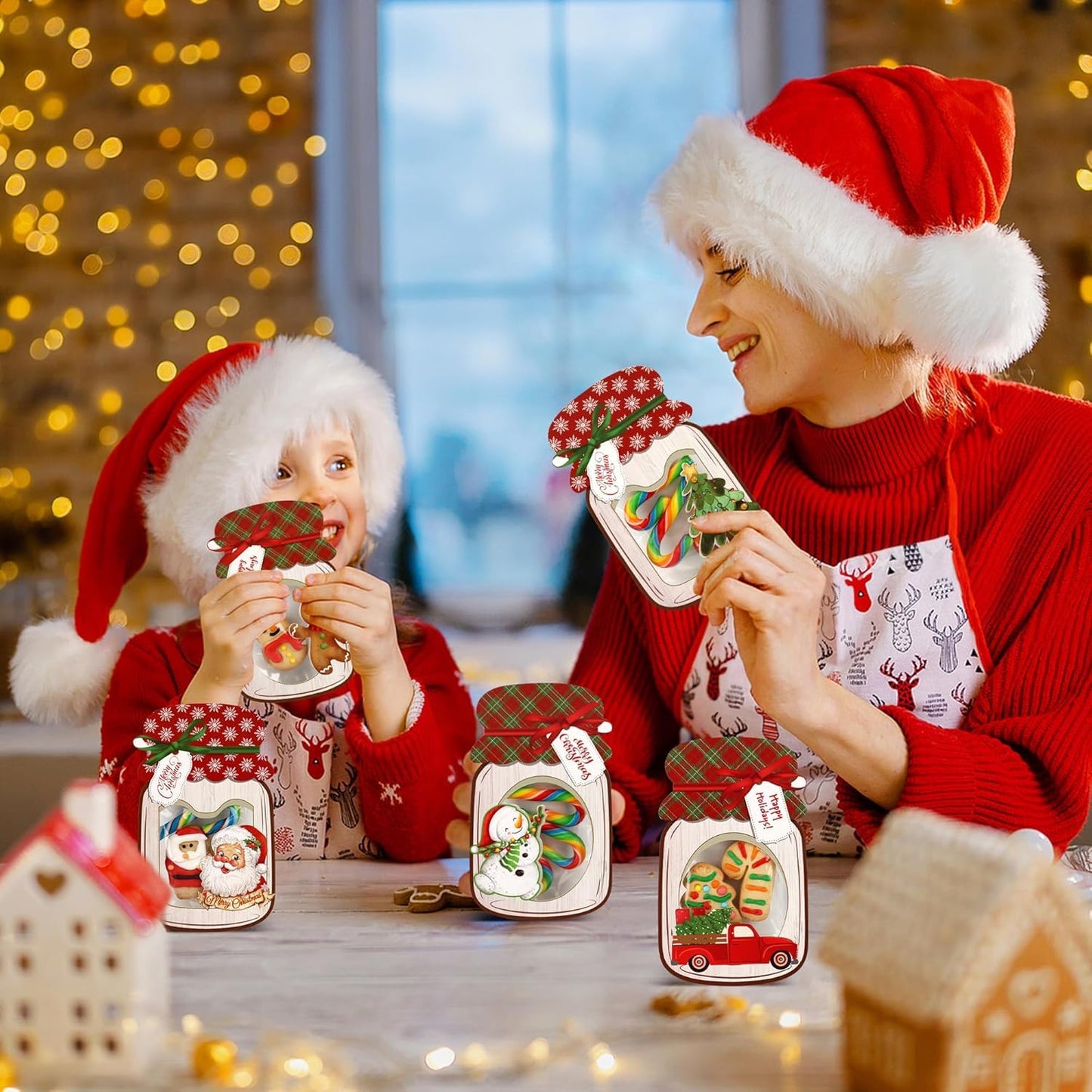 Giiffu Christmas Treat Bags with Cards 48-Pack, Mason Jar Goodie Bag for Kids, DIY Candy Holder for School Classroom Gift Exchange, Bulk Party Favors & Stocking Stuffers