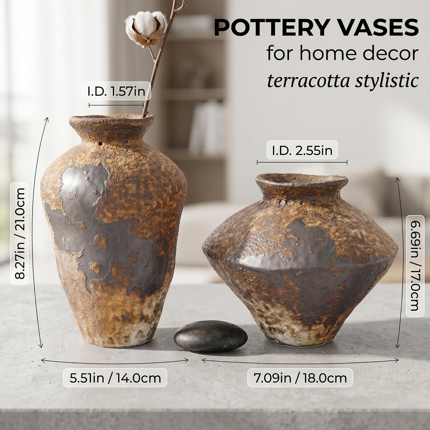 Small Stone Vase for Rustic Home Decor, Farmhouse Antique Pottery Vase Furniture&Table Flower Decorative, Round Terracotta Vases for Living Room Decor, Modern Rustic Concrete Clay Art Vases