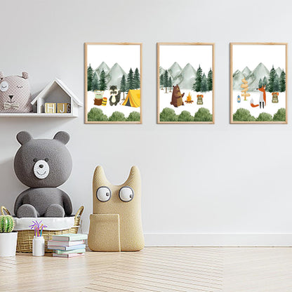 3Pcs Woodland Animal Nursery Canvas wall art Cute Bear Fox Raccoon Poster Print Safari Nursery Wall Decor Forest Animals Camping Campfire pictuer painting Boys Kids Room Home Decoration12*16In Unframed