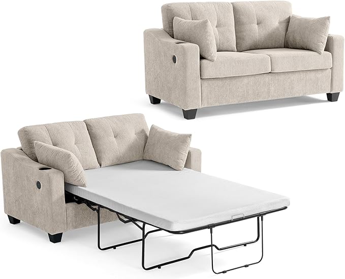 Full Size Pull Out Sleeper Sofa Bed, 2-in-1 Convertible Corduroy Pull Out Couch