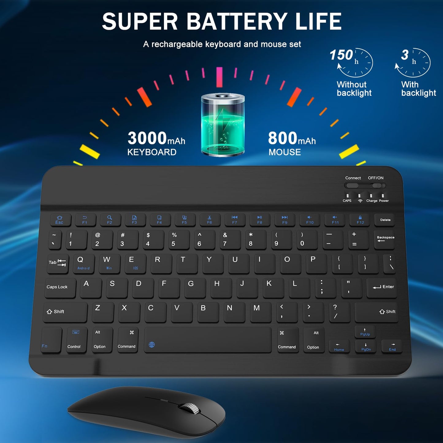 Rechargeable Bluetooth Keyboard and Mouse Combo, Universal Ultra-Slim Wireless Keyboard Mouse Set for Android Windows iPad iPhone Samsung Tablet Portable Compact Keyboard Set (Black)
