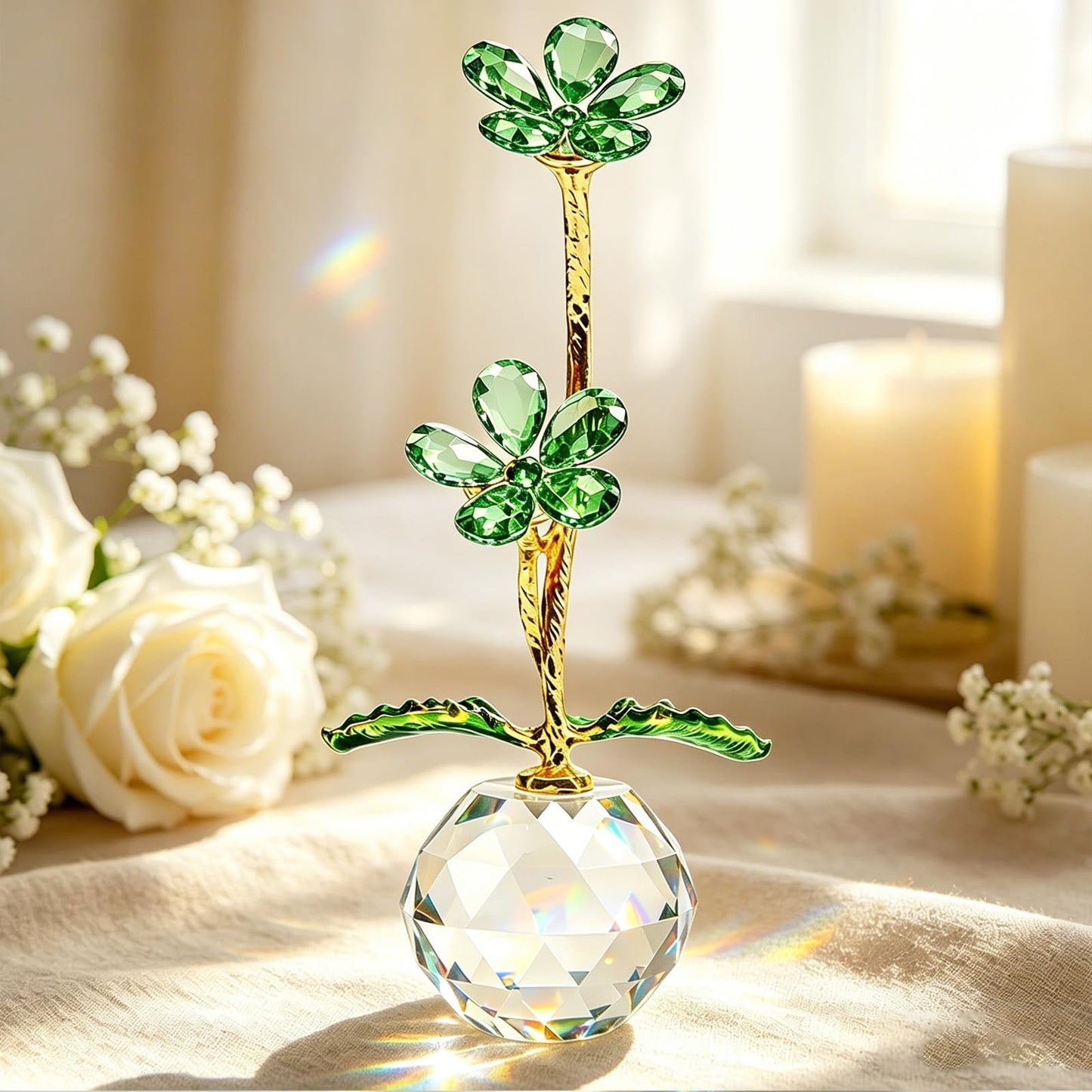 Anxingo Crystal Flower Figurine with Vase, Handmade Eternal Glass Daisy Flower with Gift Box, Romantic Collectible Gift for Women on Birthday Wedding Anniversary Christmas Home Decor(Green)