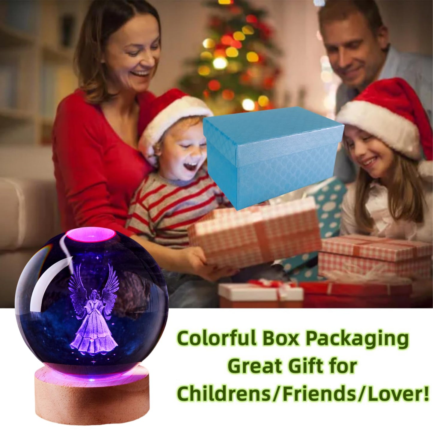 LMLOBEP Large Angel Crystal Ball Night Light with Woodern Base, 3D Crystal Lamp 16 Color Changing with Remote Control, Laser Engraved Glass Ball Lamp, Room Decor (Angel)