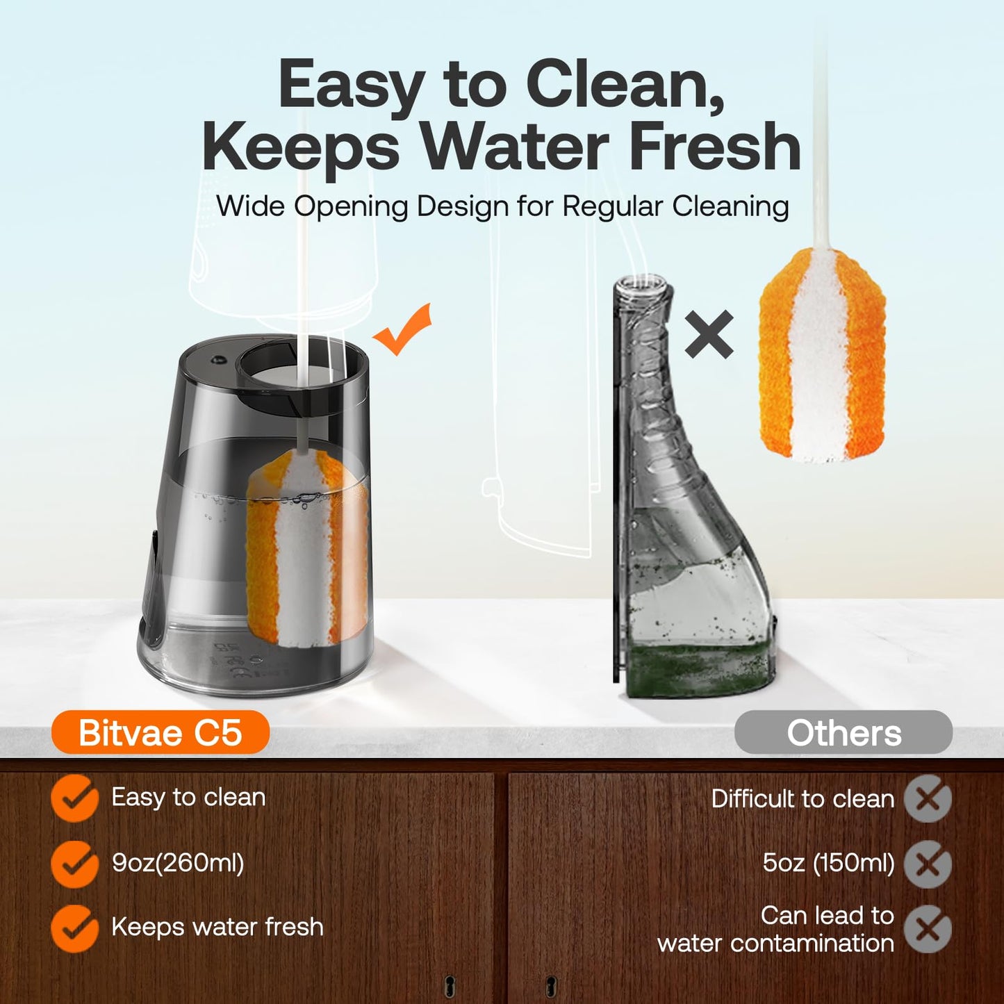 Bitvae Water Dental Flosser for Teeth, Cordless Water Teeth Cleaner Picks, 3 Modes 5 Intensities, IPX7 Waterproof, Rechargeable Water Dental Picks for Cleaning - Black