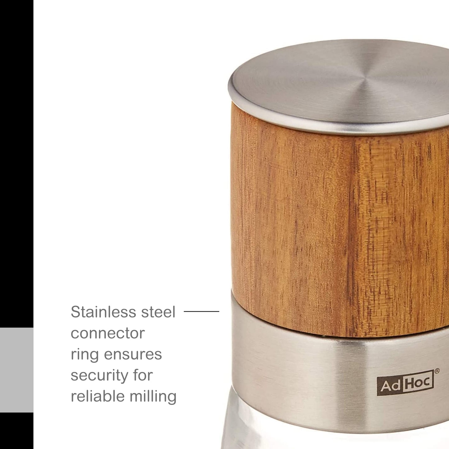 AdHoc Akasia Wood Salt or Pepper Mill - Salt & Pepper Seasoning Mill - Manual & Adjustable Grinder for Modern Kitchens