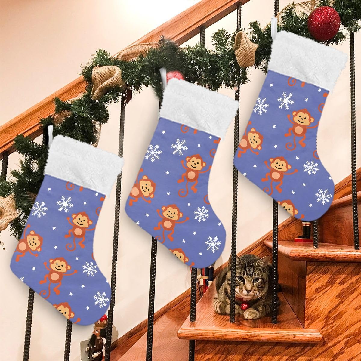 Christmas Stockings, 18 inches Burlap with Plush Faux Fur Cuff Stockings Symbol of A Monkey Family Holiday Xmas Party Decorations