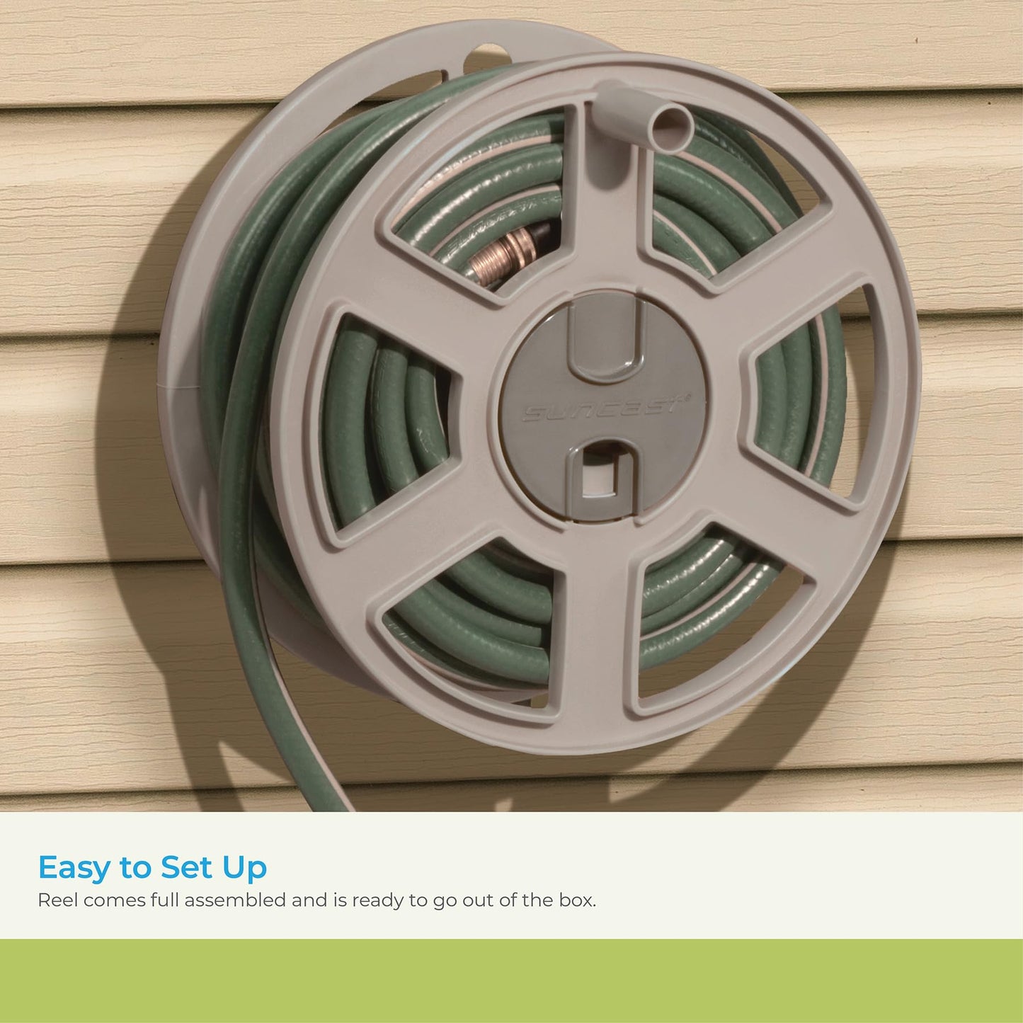 Suncast 100 Ft. Wall Mount Hose Reel Side Winder for Yard, Garden, Space-Saving Design, Easy Hose Storage, Fully Assembled, Taupe (Open Box), Made in the USA