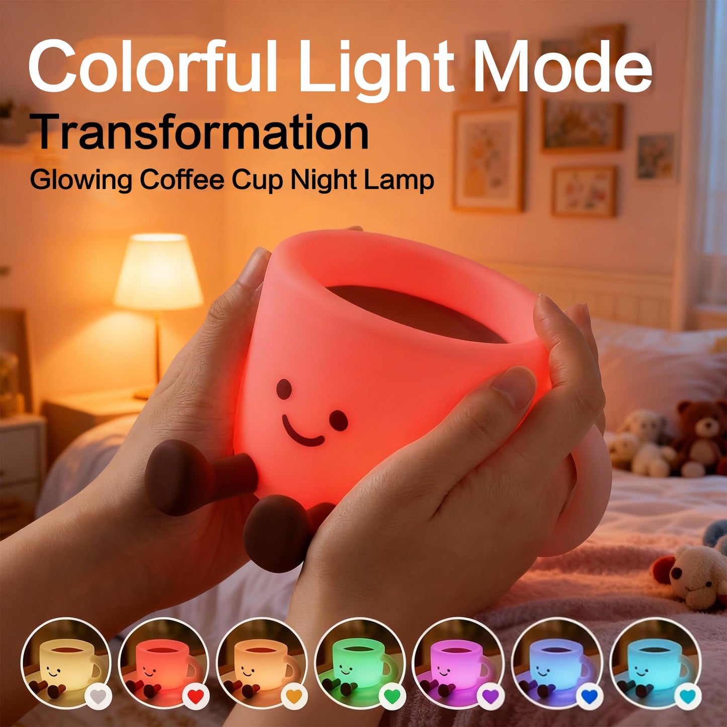 Yesinaly Coffee Cup Night Light - 7 Color Changing Dimmable Warm Light, Touch Control Bedside Lamp with Timer, Rechargeable Portable Mood Light for Nursery, Bedroom, Gift