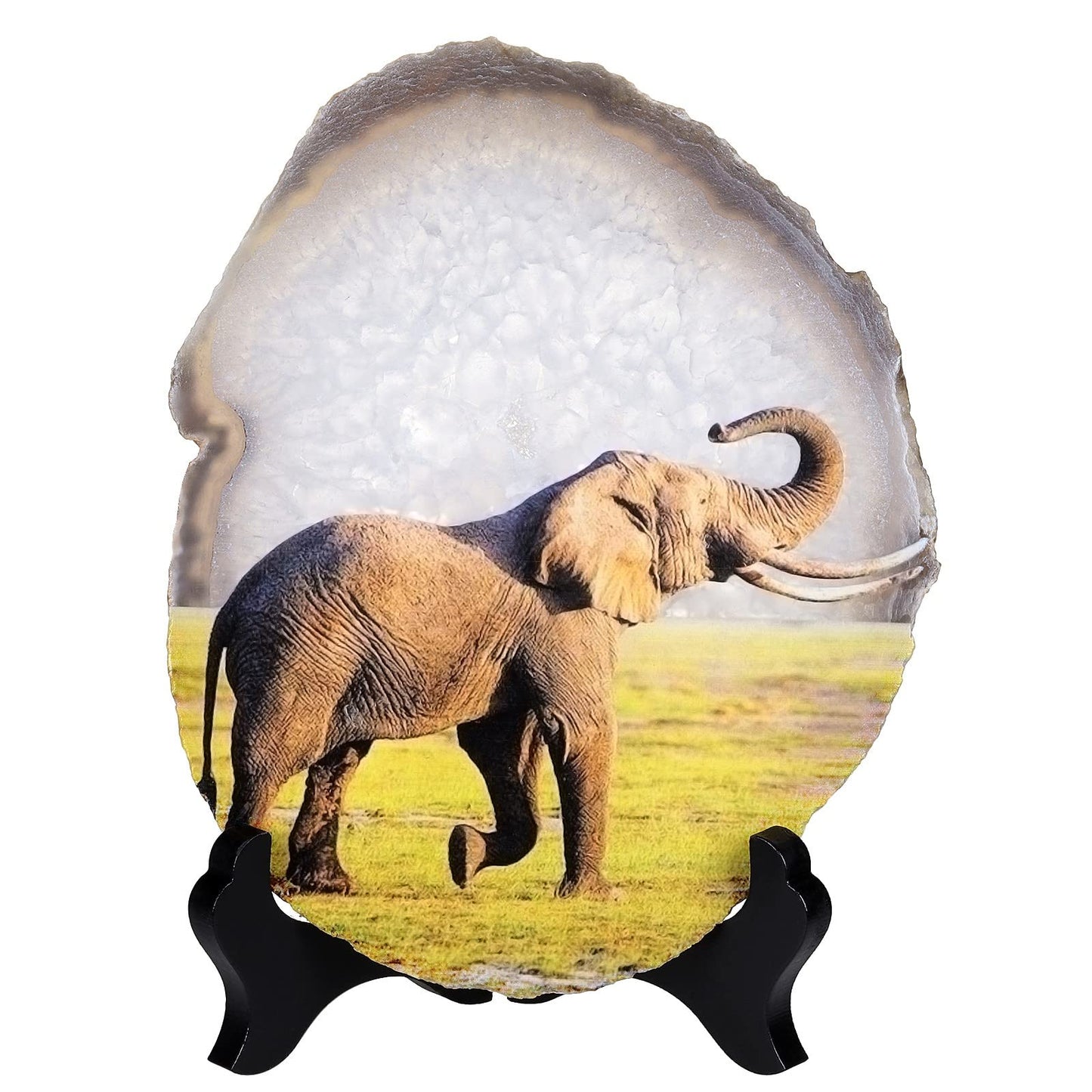 SUNYIK Natural Geode Agate Slice Display with Wooden Stand, Irregular Agate Slab Tabletop Desktop for Office Home Decor, Elephant