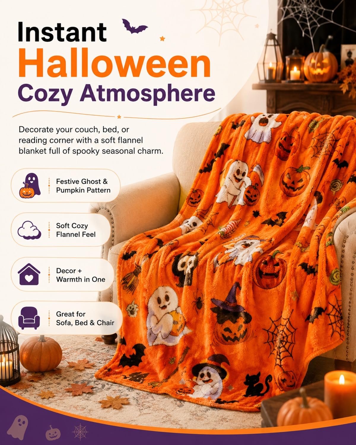 Halloween Throw Blanket Couch Cozy Flannel Decoration for Party Bed Soft Flannel Ghost Blanket Halloween Harvest Gifts Horror Ghost Bat Pumpkin(Model1,50x80in)