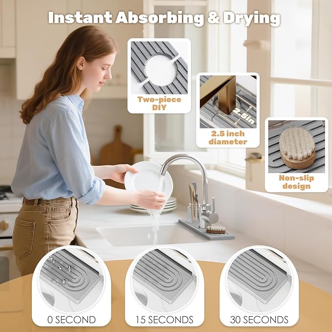 15.7''x4.8''Stone Faucet Mat for Kitchen Sink, Diatomite Quick Dry Kitchen Sink