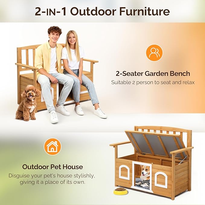 VINGLI Outdoor Storage Bench with Built-in Dog House, 2-in-1 Outdoor Waterproof Patio Bench with Pet Kennel for Patio Backyard Porch (Natural)