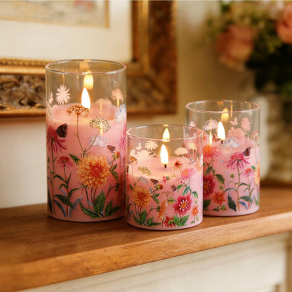 Girimax Pink Floral Glass Flameless Pillar Candles with Remote, Flickering Spring LED Battery Candles Home Decor Set of 3