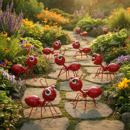 Cruis Cuka Metal Yard Art Garden Decor for Outside Cute Ants Yard Decorations Outdoor Lawn Ornaments Backyard Gifts for Mom - Set of 8（All Red）