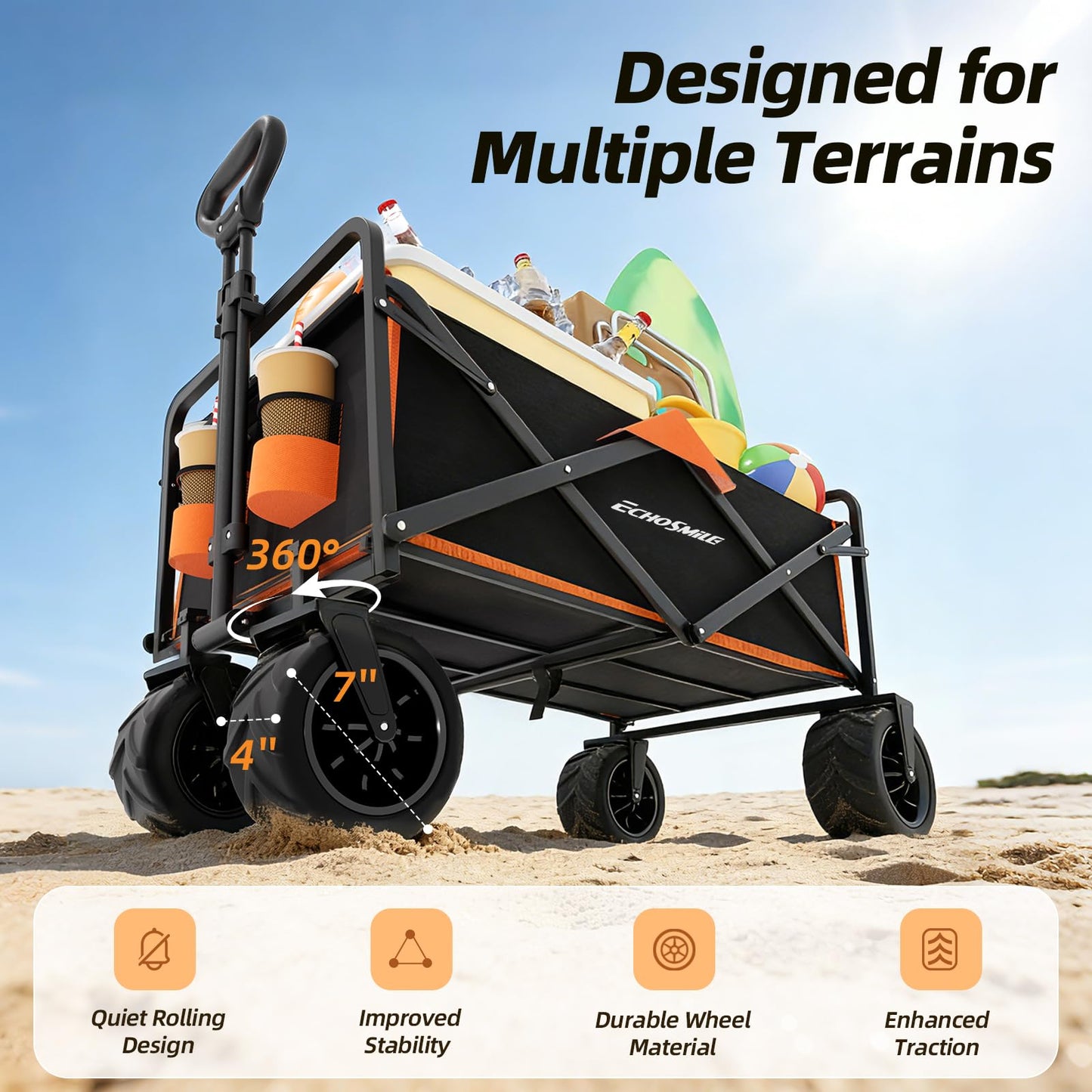 EchoSmile Heavy Duty 350 Lbs Capacity Collapsible Wagon, Outdoor Folding Camping Grocery Portable Utility Cart, Adjustable Rolling Carts, All Terrain Beach Wagon with Big Wheels (Black&Orange-Arrow)