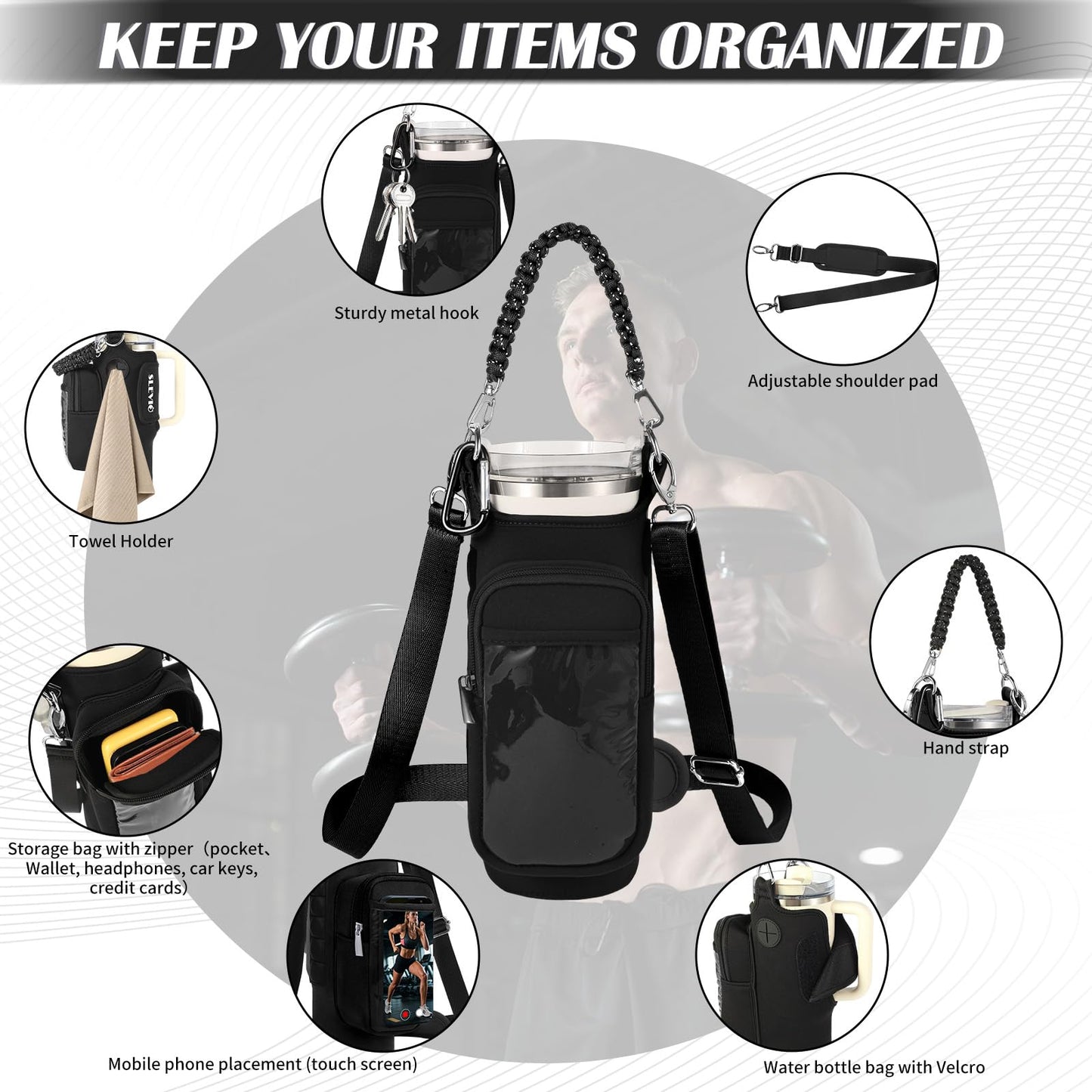 Magnetic Gym Bag for Men, Water Bottle Carrier Holder with Strap, Phone Pockets for Stanley Cup 40 oz Tumbler, Small Bag Gym Accessories for Women with N52 Super Magnet(Black)