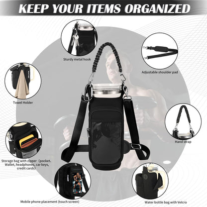 Magnetic Gym Bag for Men, Water Bottle Carrier Holder with Strap, Phone Pockets for Stanley Cup 40 oz Tumbler, Small Bag Gym Accessories for Women with N52 Super Magnet(Black)