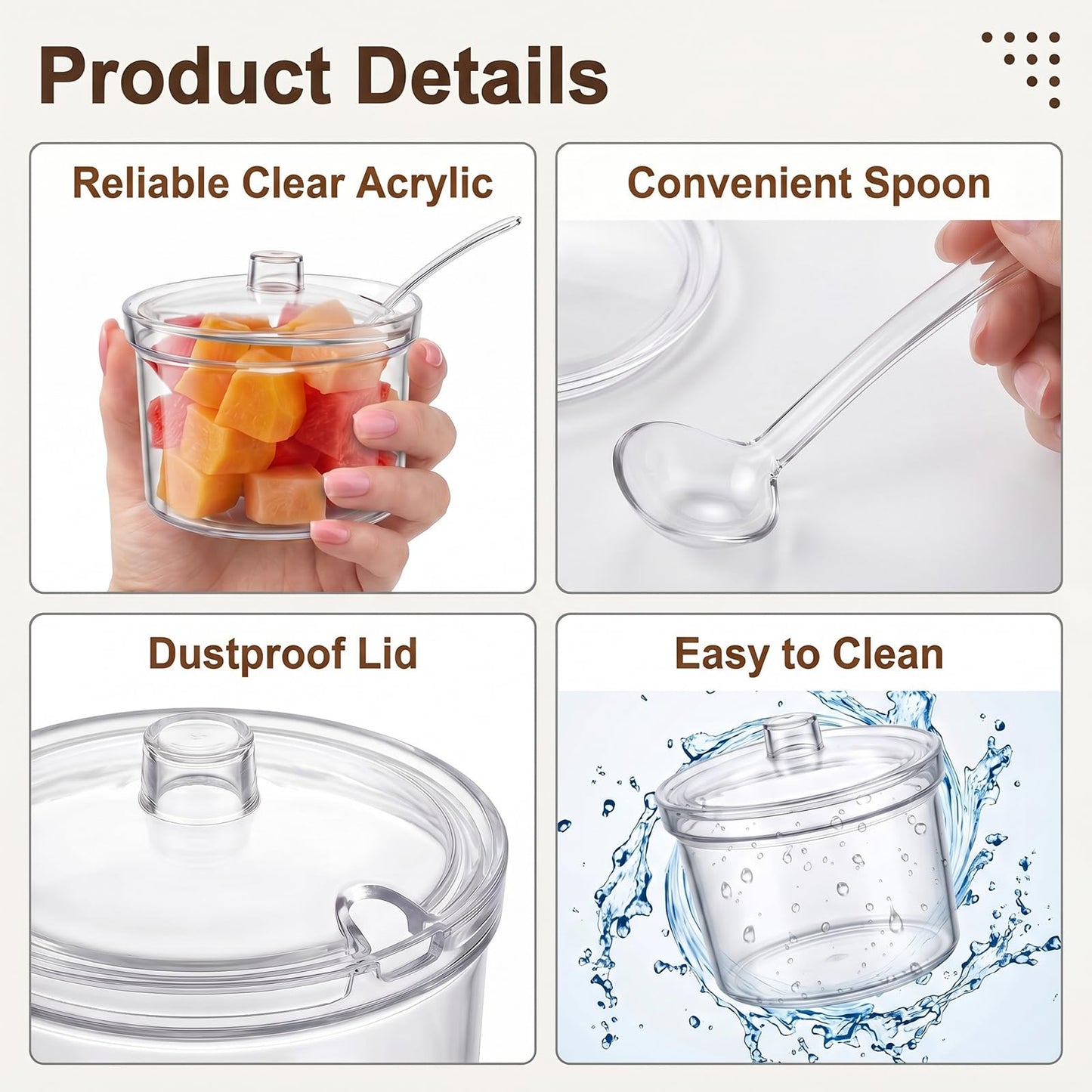moheaaei 12 Pcs Acrylic Sugar Bowls with Lid and Spoon, Clear Plastic Condiment Jars for Kitchen, Coffee Bar, Party Supplies, 7.1 oz Bulk Storage Containers for Sugar, Salt, Spices