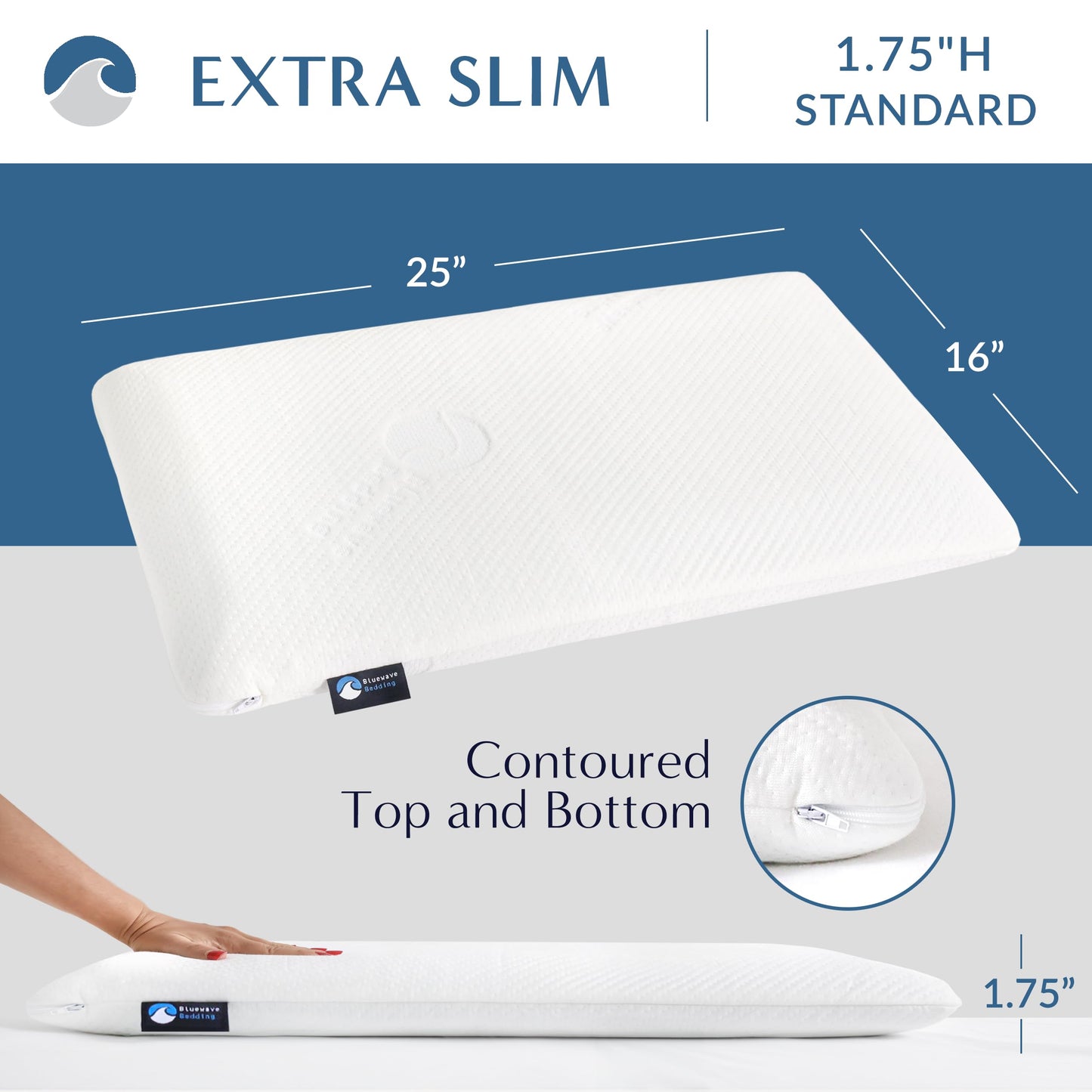 Bluewave Bedding Extra Thin Gel Memory Foam Pillow for Abdominal and Back Sleepers - Thin, Flat Design for Cervical Neck Alignment and Deeper Sleep (1.75 inches Height, Standard Size)
