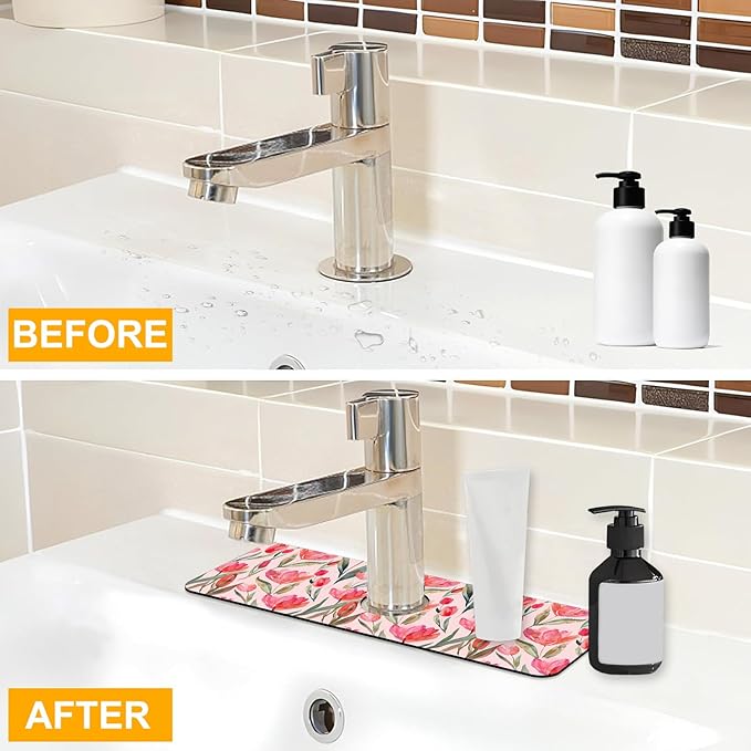 2 Pack Watercolor Tulips Sink Faucet Absorbing Mat Pink Tulips Super Absorbent